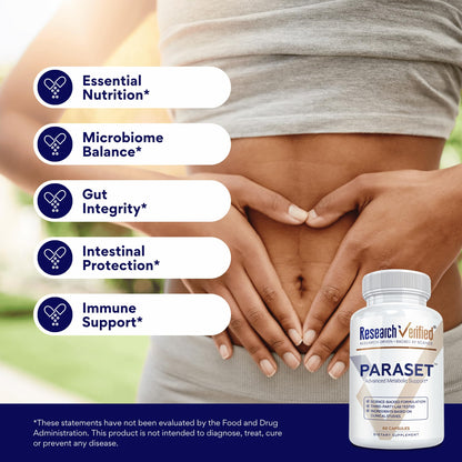 Research Verified Paraset - 120 Capsules - Natural Gut Health Enhancer - Garlic Bulb, Papain, Sweet Wormwood, Black Walnut, BioPerine - Vegan