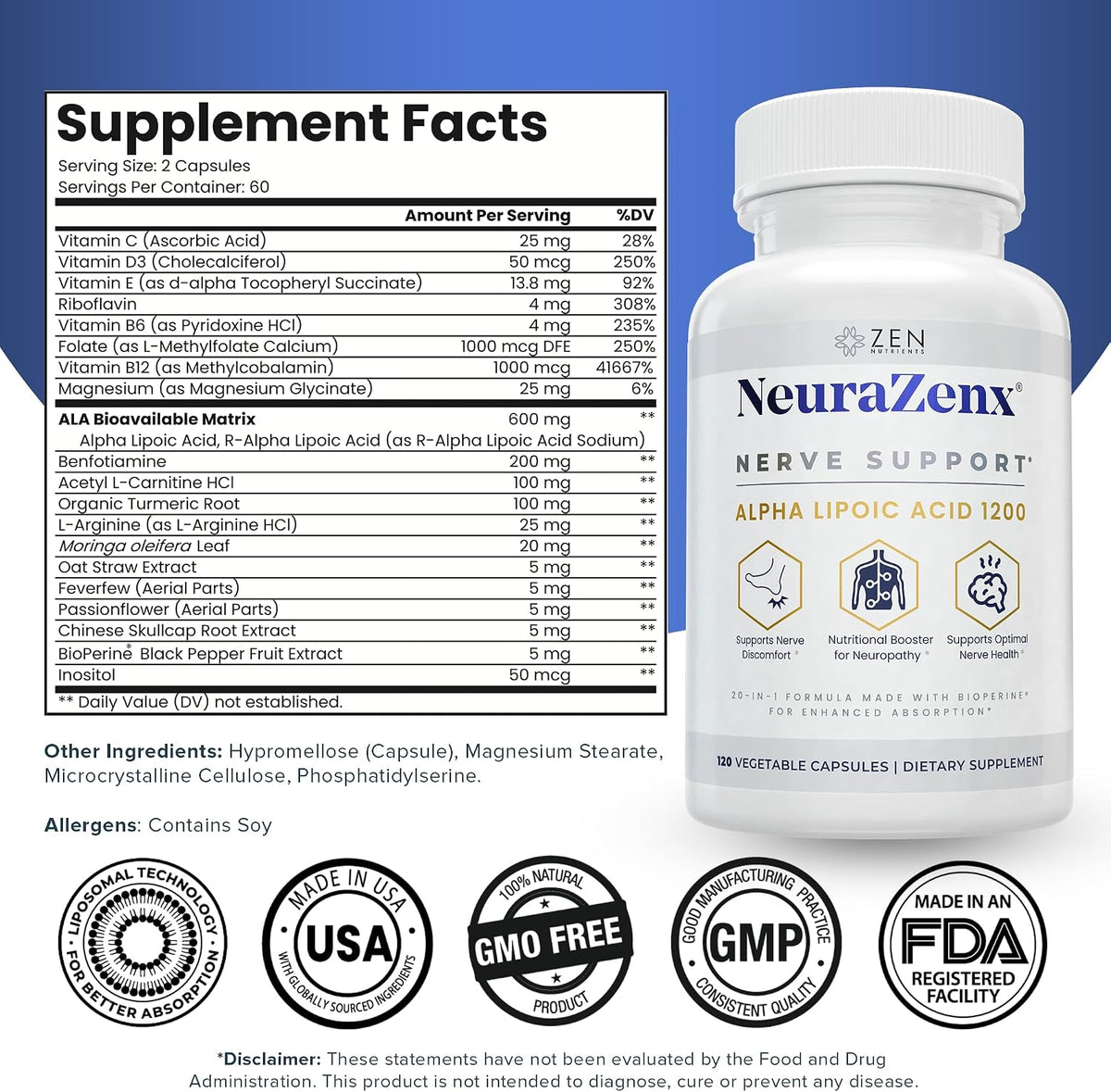 Zen Nutrients 1200mg Alpha Lipoic Acid R Matrix + Benfotiamine + B Complex Nerve Support - NeuraZenX Neuropathy Support Supplement with L-Carnitine and Turmeric (120 Capsules)