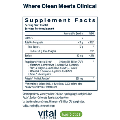 Hyperbiotics Vital Nutrients Pro-15 Advanced Probiotics for Women and Men | 15 Strains + Kiwifruit | Clinically Studied Daily Probiotics for Digestive Health, Gas, & Bloating | 30 Vegan Tablets