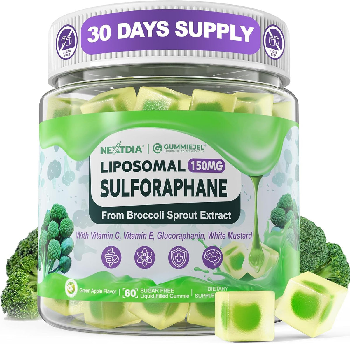 150mg Liposomal Sulforaphane Supplement from Broccoli Sprouts Extract - Sulforaphane with Myrosinase, Vitamin C, E | Broccoli Sprout Supplement for Antioxidant, Detox & Cellular Health | 60 Counts