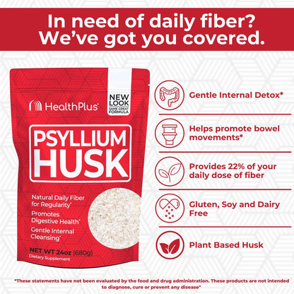 Health Plus Daily Psyllium Husk Fiber, 24 oz, 96 Servings | Pure psyllium husk fiber supplement; helps with occasional constipation, supports daily regularity, and keto baking uses