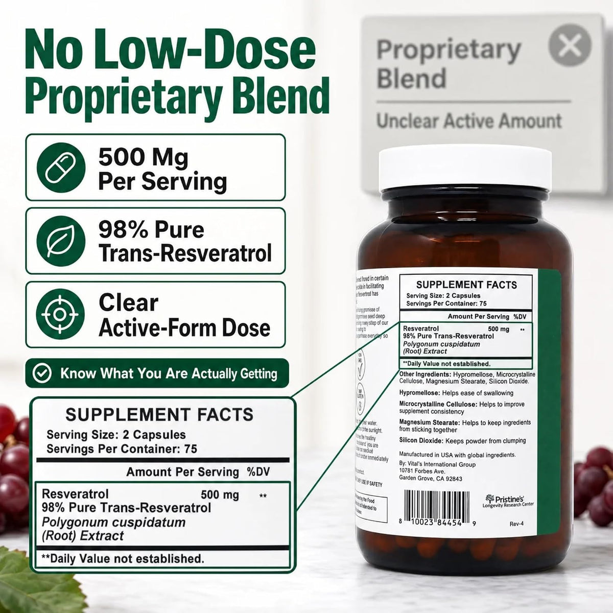 PRISTINE'S Resveratrol 500mg Capsules, 98% Trans-Resveratrol, 150 Count | Healthy aging and antioxidant support from 98% trans-resveratrol. 75 day supply, vegan, non-GMO, gluten-free glass bottle