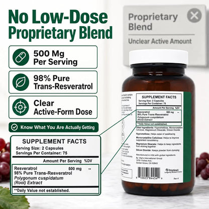 PRISTINE'S Resveratrol 500mg Capsules, 98% Trans-Resveratrol, 150 Count | Healthy aging and antioxidant support from 98% trans-resveratrol. 75 day supply, vegan, non-GMO, gluten-free glass bottle