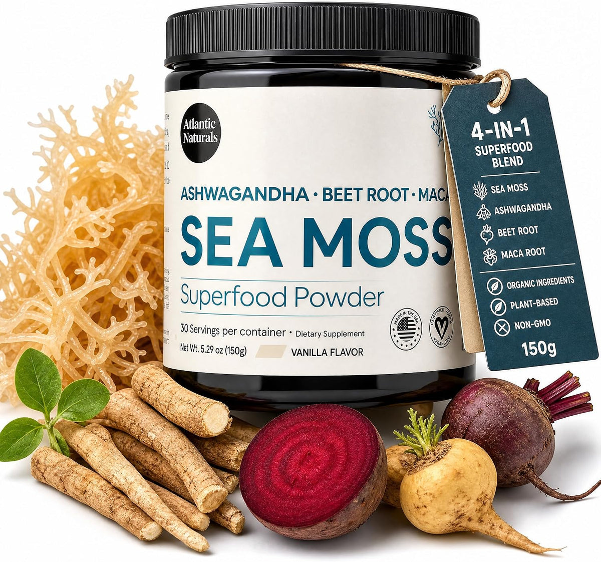 Atlantic Naturals Organic Sea Moss Powder with Beet Root Powder, Ashwagandha & Maca Root – Superfood Reds & Adaptogen Blend for Energy, Mood & Skin – Vanilla Flavor Drink Mix (150g)