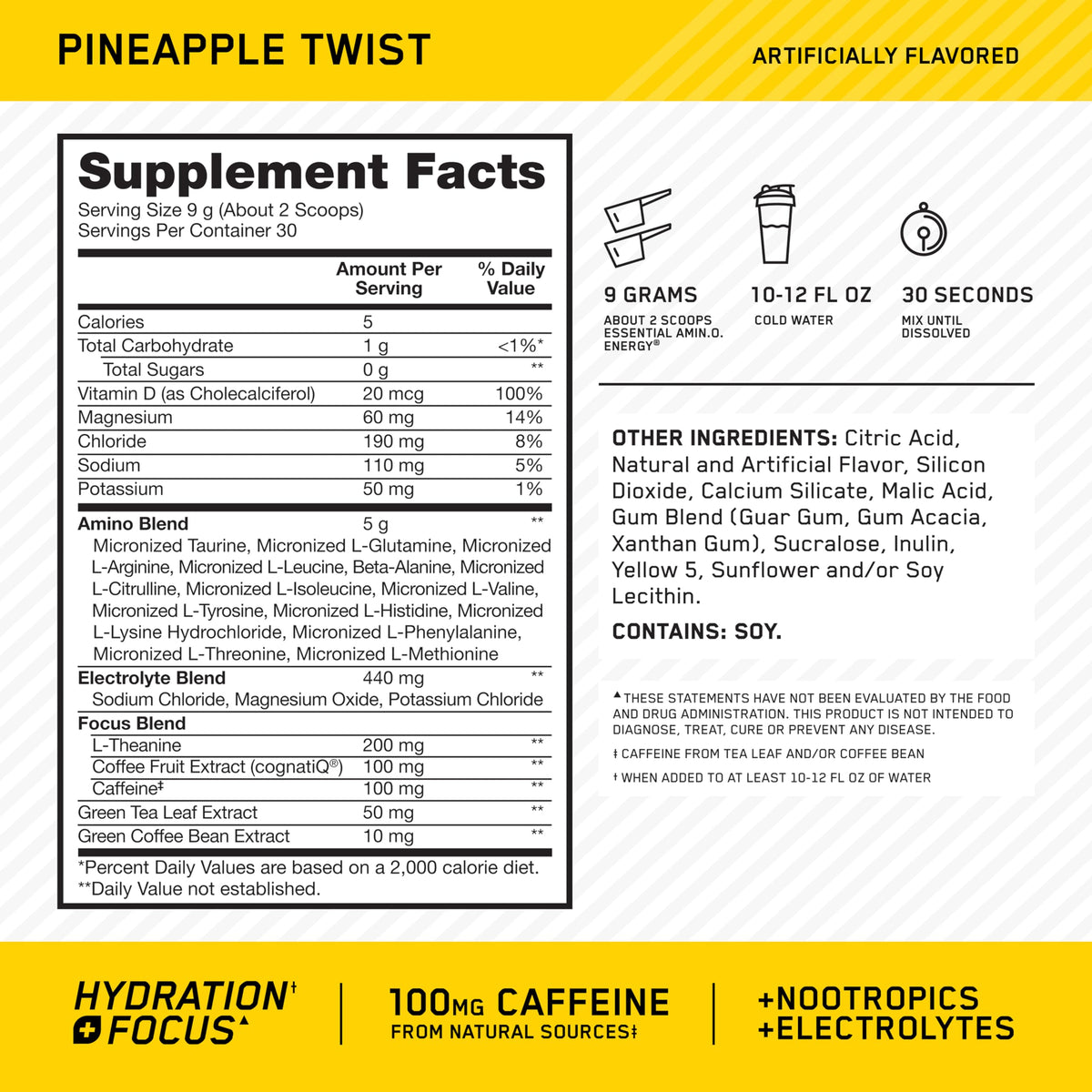 Optimum Nutrition, Amino Energy Powder Plus Focus, with Bcaa, Electrolytes, and Caffeine, Watermelon, 30 Servings | Contains BCAAs, Electrolytes, 100 mg Caffeine, 5g Amino Acids, Zero Sugar, Supports Hydration, Banned Substance Tested