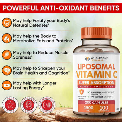 Wholesome Wellness Organic Probiotics 100 Billion CFU, Dr Formulated for Women and Men + Liposomal Vitamin C Capsules (200 Pills 1500mg Buffered) High Absorption VIT C Bundle