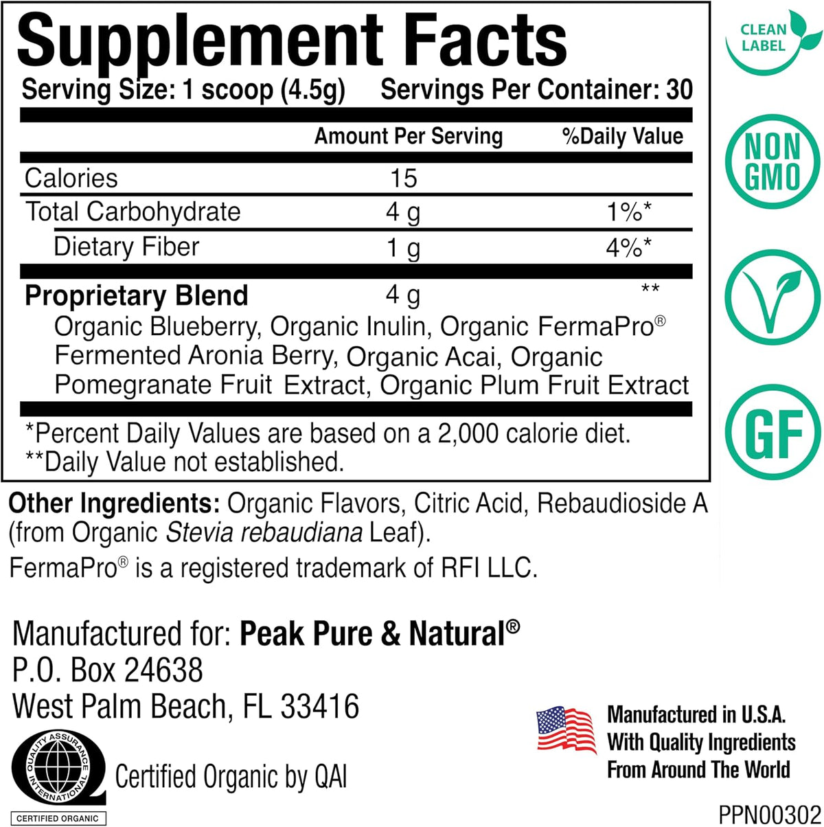 Peak Organic Superfruits - Polyphenol Rich Superfood Powder - Non-GMO Fermented Aronia Berry, Acai, Blueberry, Pomegranate, and Plum - Aging, Metabolic Health, Heart Health (30 Servings)