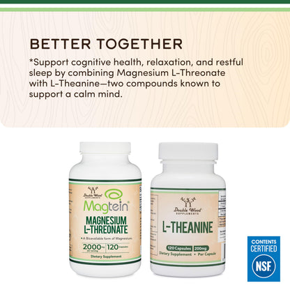Magnesium L Threonate, Magtein - NSF Certified - Sleep and Cognitive Support – High Absorption – Most Bioavailable Form of Magnesium – 2,000 mg – 120 Capsules