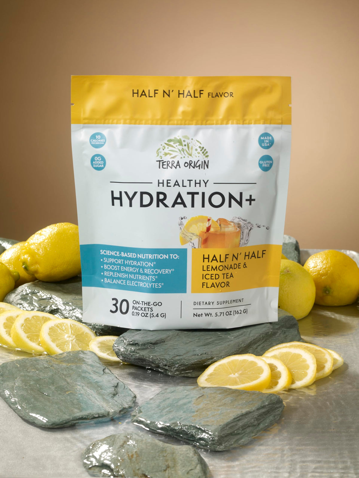 TERRA ORIGIN Healthy Hydration+ Electrolyte Powder Packets | Sugar Free, Gluten Free Drink Mix | Lemonade | 30 Servings (1-Pack)
