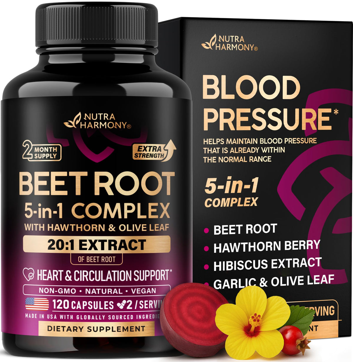Beet Root Capsules - Healthy Blood Pressure Support Supplement** for Heart & Circulation Support - with Hawthorn Berry, Hibiscus & Garlic - Nitric Oxide for Energy - Made in USA, 120 Capsules