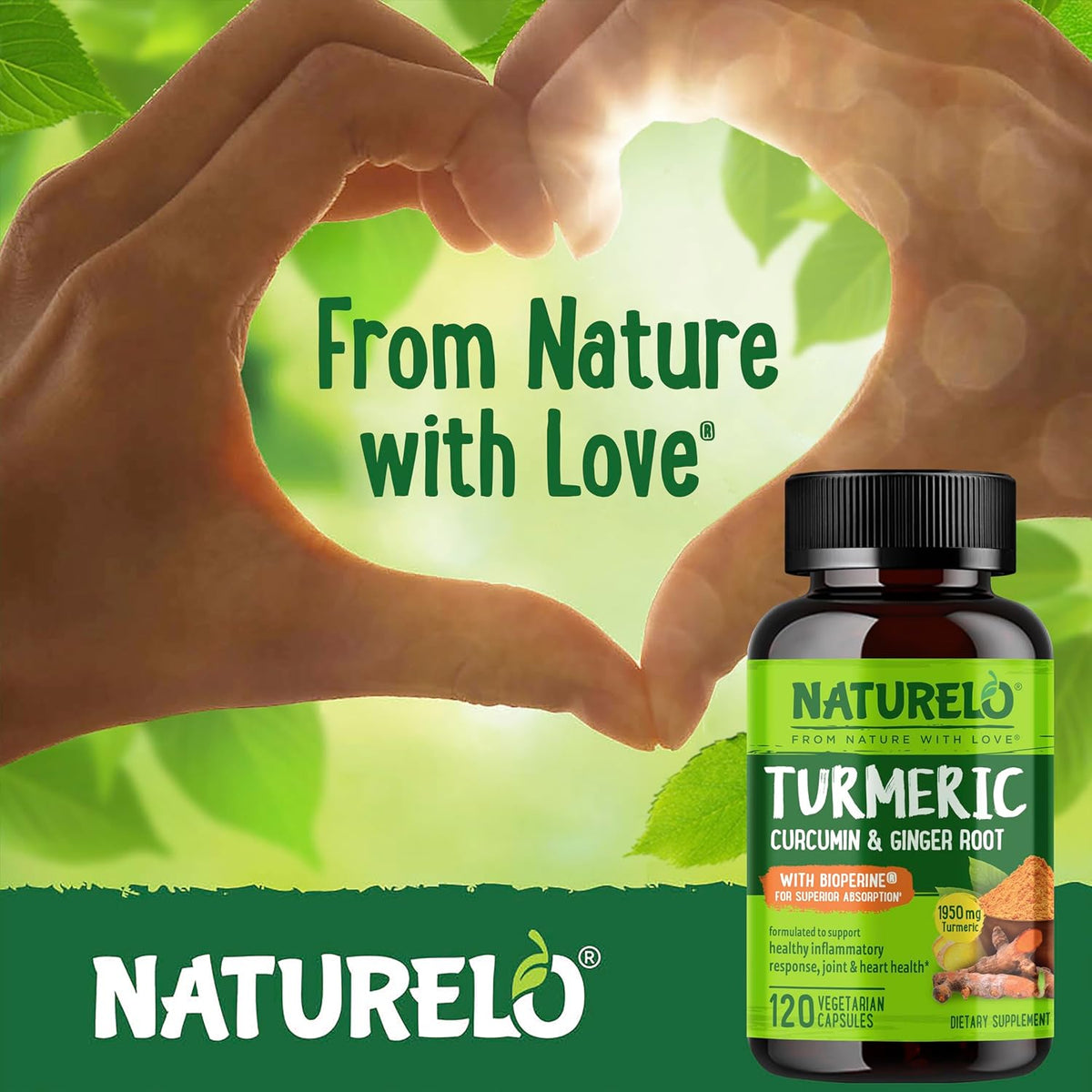NATURELO Turmeric Curcumin - BioPerine for Better Absorption - Black Pepper, Ginger Root, Curcuminoids - Plant-Based Joint Discomfort Support - 120 Vegan Capsules