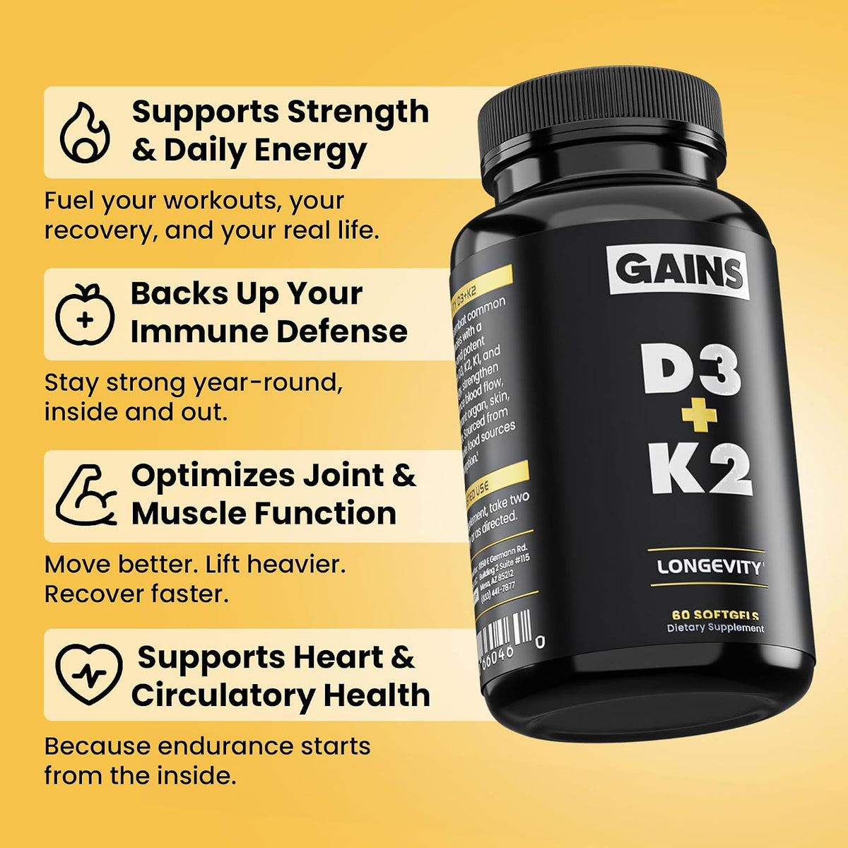 Gains in Bulk D3 K2 Supplement 5000 IU, 60 Softgels