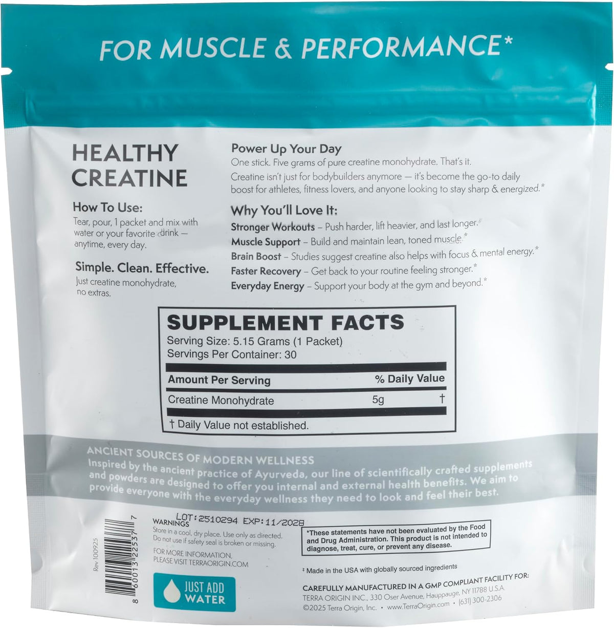 TERRA ORIGIN Healthy Creatine Micronized Monohydrate Powder | 30 Stick Packs | Support for Muscle and Cognitive Performance* | Supplement for Women and Men | Unflavored, Gluten Free, Zero Sugar