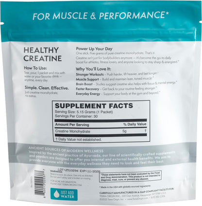 TERRA ORIGIN Healthy Creatine Micronized Monohydrate Powder | 30 Stick Packs | Support for Muscle and Cognitive Performance* | Supplement for Women and Men | Unflavored, Gluten Free, Zero Sugar