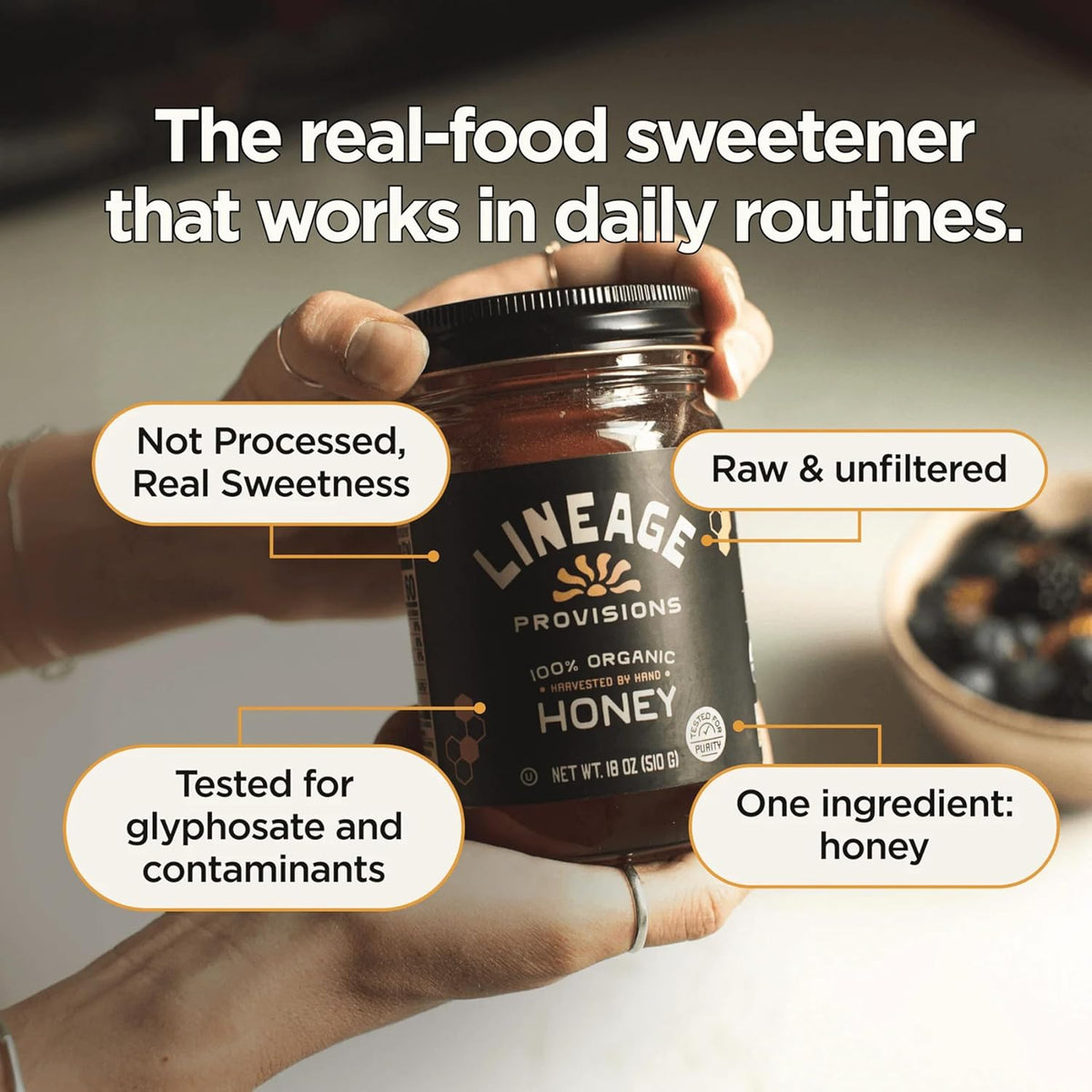Lineage Provisions Raw Unfiltered Honey, 3-Pack, 18 oz Glass Jars | Undetectable glyphosate, chemical-free, gluten-free & non-GMO. No heating, processing, straining or additives.