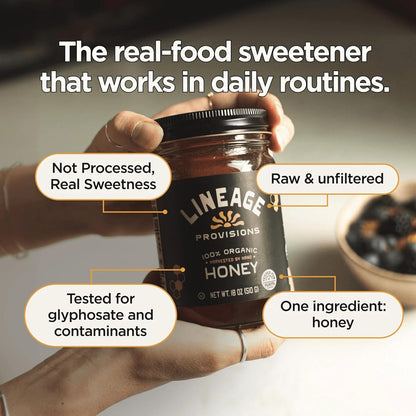 Lineage Provisions Raw Unfiltered Honey, 3-Pack, 18 oz Glass Jars | Undetectable glyphosate, chemical-free, gluten-free & non-GMO. No heating, processing, straining or additives.