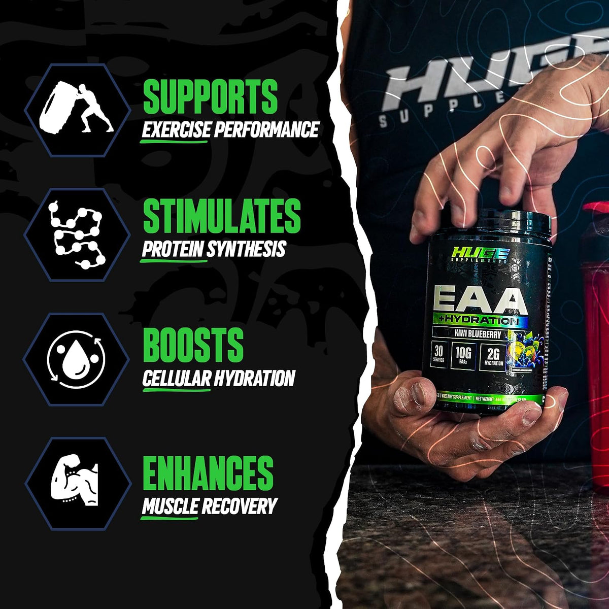 Huge EAA + Hydration, Essential Amino Acids Powder, EAAs & BCAAs, Intra & Post Workout Recovery Powder, Muscle Growth, Recovery & Performance, 10g EAAs & Electrolytes, Kiwi Blueberry, 30 Servings