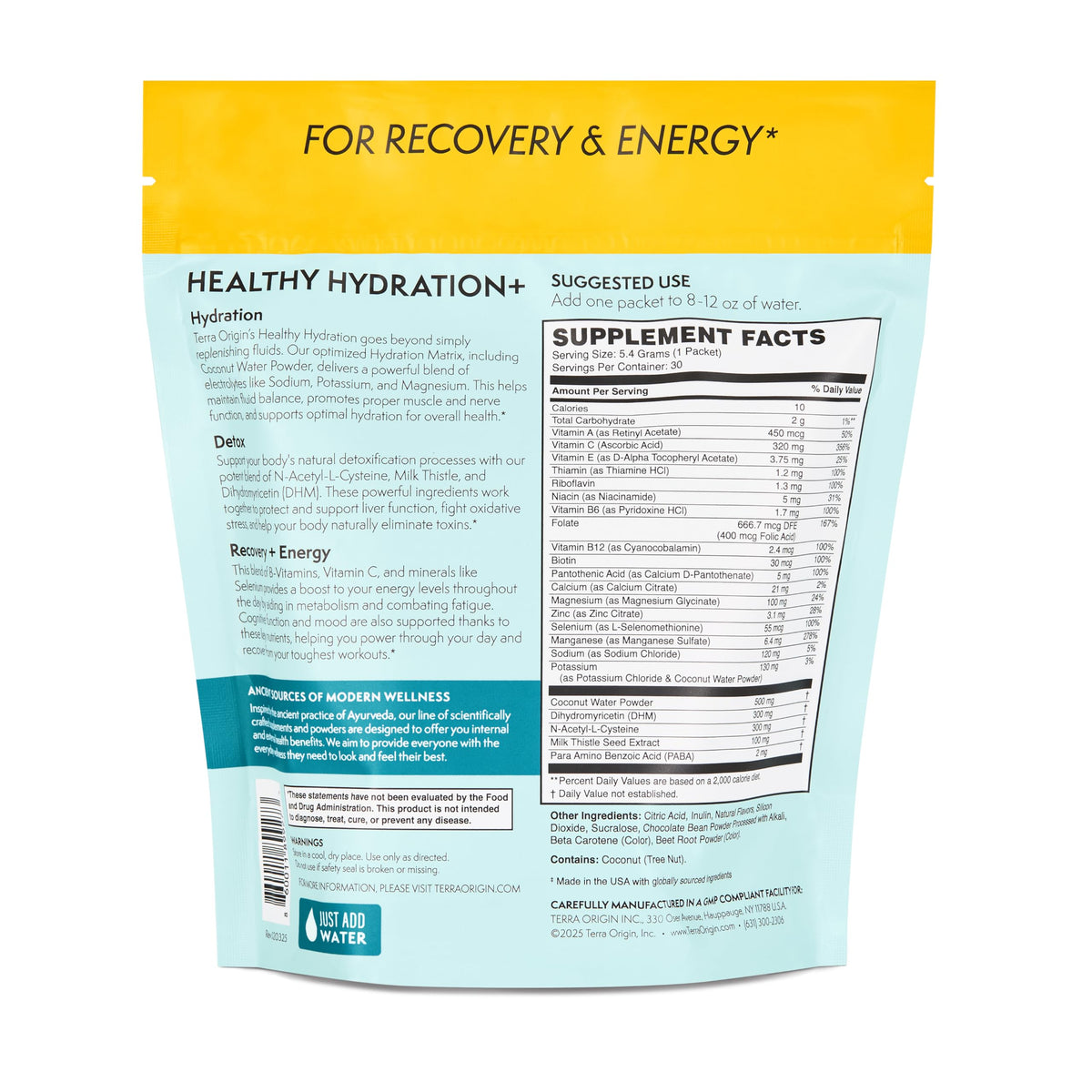 TERRA ORIGIN Healthy Hydration+ Electrolyte Powder Packets | Sugar Free, Gluten Free Drink Mix | Lemonade | 30 Servings (1-Pack)