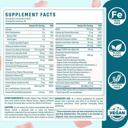 Quorinthiumax Prenatal Gummies Sugar Free 180 Count - Organics Prenatal Vitamins for Women with Folate, DHA & Probiotics - Iron Free Prenatal Vitamin Gummies for Immune & Digestive - 2 Bottles