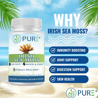PURE® Irish Sea Moss 750mg - 60 Organic Capsules - Wildcrafted North Atlantic Superfood with 92 Essential Minerals - Thyroid, Immune & Energy Support - Made in the USA