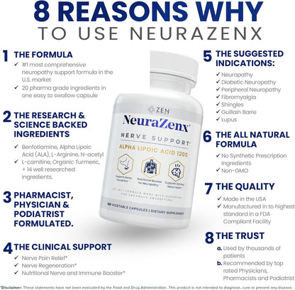 Zen Nutrients NeuraZenX Nerve Support & Peripheral Neuropathy Support Supplement with 1200mg Alpha Lipoic Acid (ALA), Benfotiamine, L-Carnitine, and Turmeric