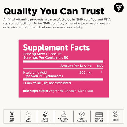 Vital Vitamins Hyaluronic Acid Supplements, 60 Capsules | 200mg Low Molecular Weight HA, Supports Skin Hydration, Elasticity & Joint Comfort, Vegan & Non-GMO