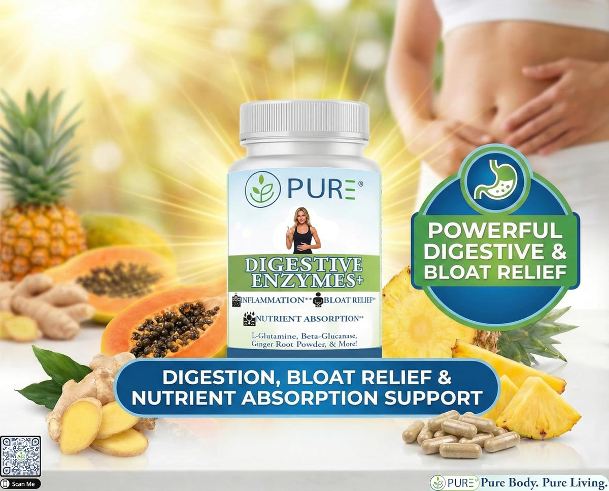 PURE® Digestive Enzymes+ with Probiotics - 60 Capsules - Advanced Gut Health & Bloat Relief - Full Spectrum Enzyme Blend for Protein, Carb & Fat Digestion - Made in USA
