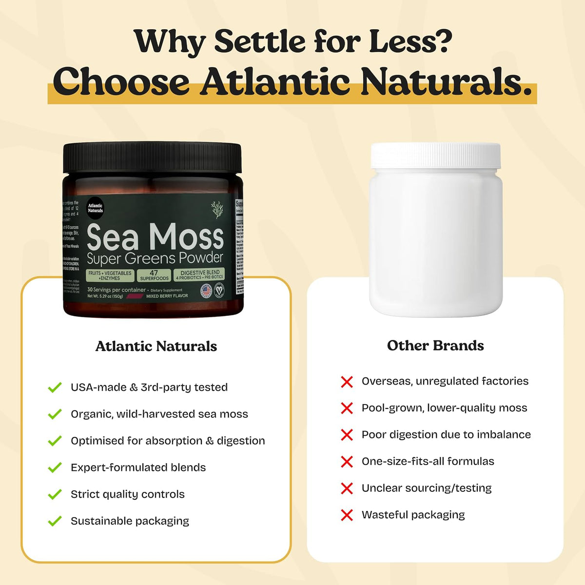 Atlantic Naturals Sea Moss Super Greens Powder – Organic Green Superfood Drink Mix with Fruits, Veggies & Probiotics – Energy, Digestion & Immune Support – 5000mg, Mixed Flavor