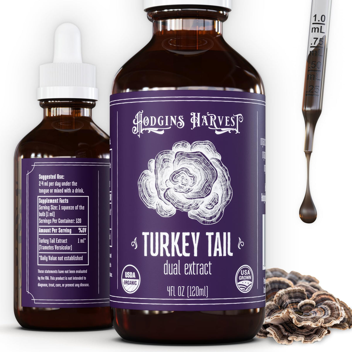 Hodgins Harvest Organic Lion's Mane Fruiting Body Extract Tincture - Mushroom Supplement for Brain Health and Mental Focus - Dual Extract Formula - Extra Concentrated - 4 fl oz Bottle