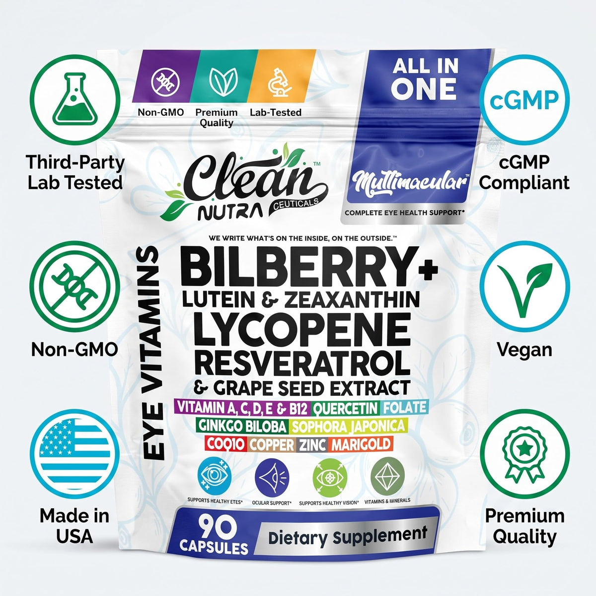 Clean Nutra Eye Vitamins with Bilberry Lutein and Zeaxanthin Supplements Lycopene 40mg Resveratrol Grape Seed Astaxanthin for Eyes - Eye Care Health Support Eye Vitamin and Mineral Supplement