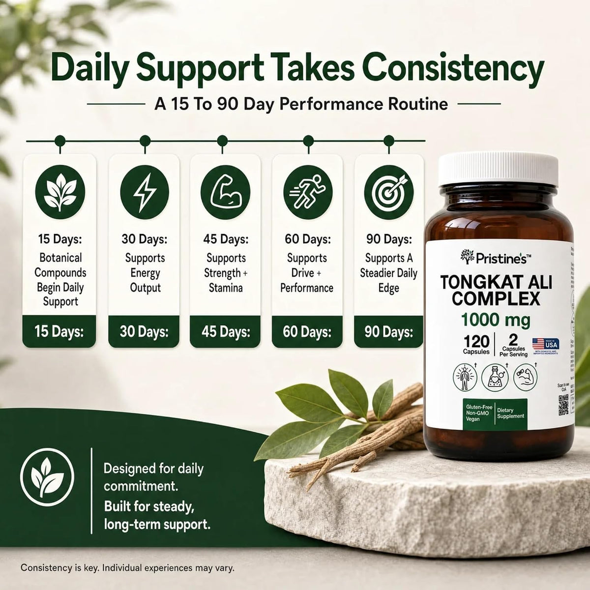 PRISTINE'S Tongkat Ali Complex 1000mg with Tribulus, Vegan, 120 Capsules | Strength, drive and stamina support from a 100:1 root extract blend. Vegan, non-GMO, gluten-free, 120 capsules