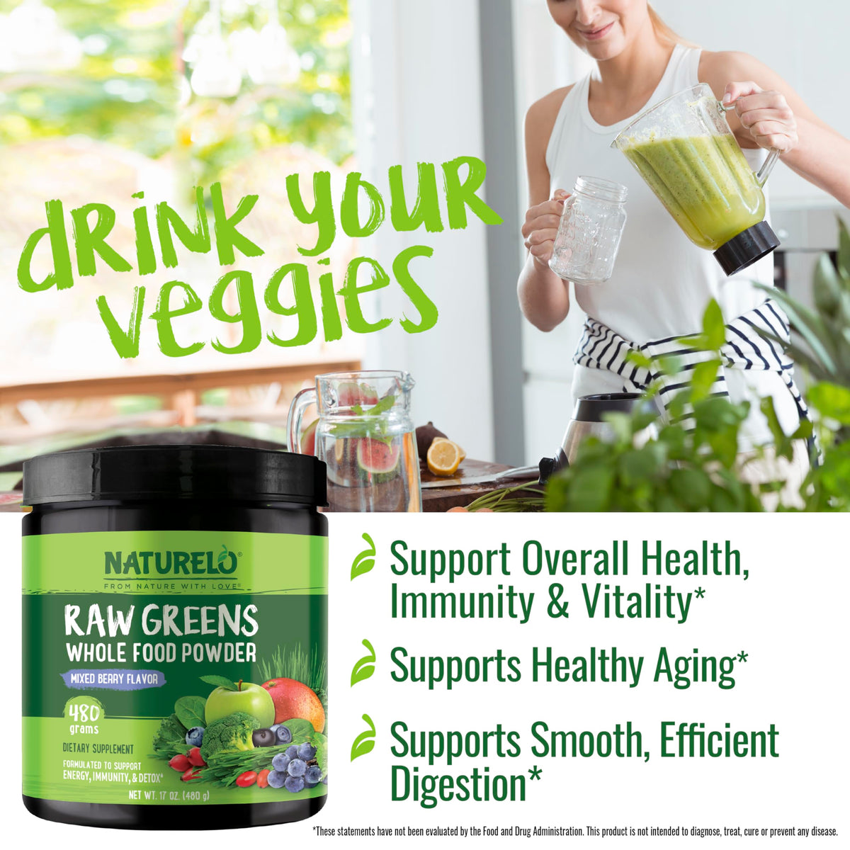 NATURELO Raw Greens Superfood Powder 480 Grams, Mixed Berry - Supports Energy, Immunity and Detox - Includes Spirulina, Wheat Grass and Organic Greens for Whole Food Nutrition