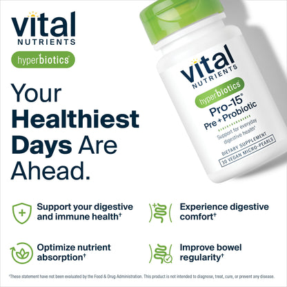 Hyperbiotics Vital Nutrients Pro-15 Prebiotics and Probiotics for Women and Men | 15 Science Backed Strains | Supports Occasional Constipation, Diarrhea, Gas & Bloating | 60 Vegan Time Release Pearls