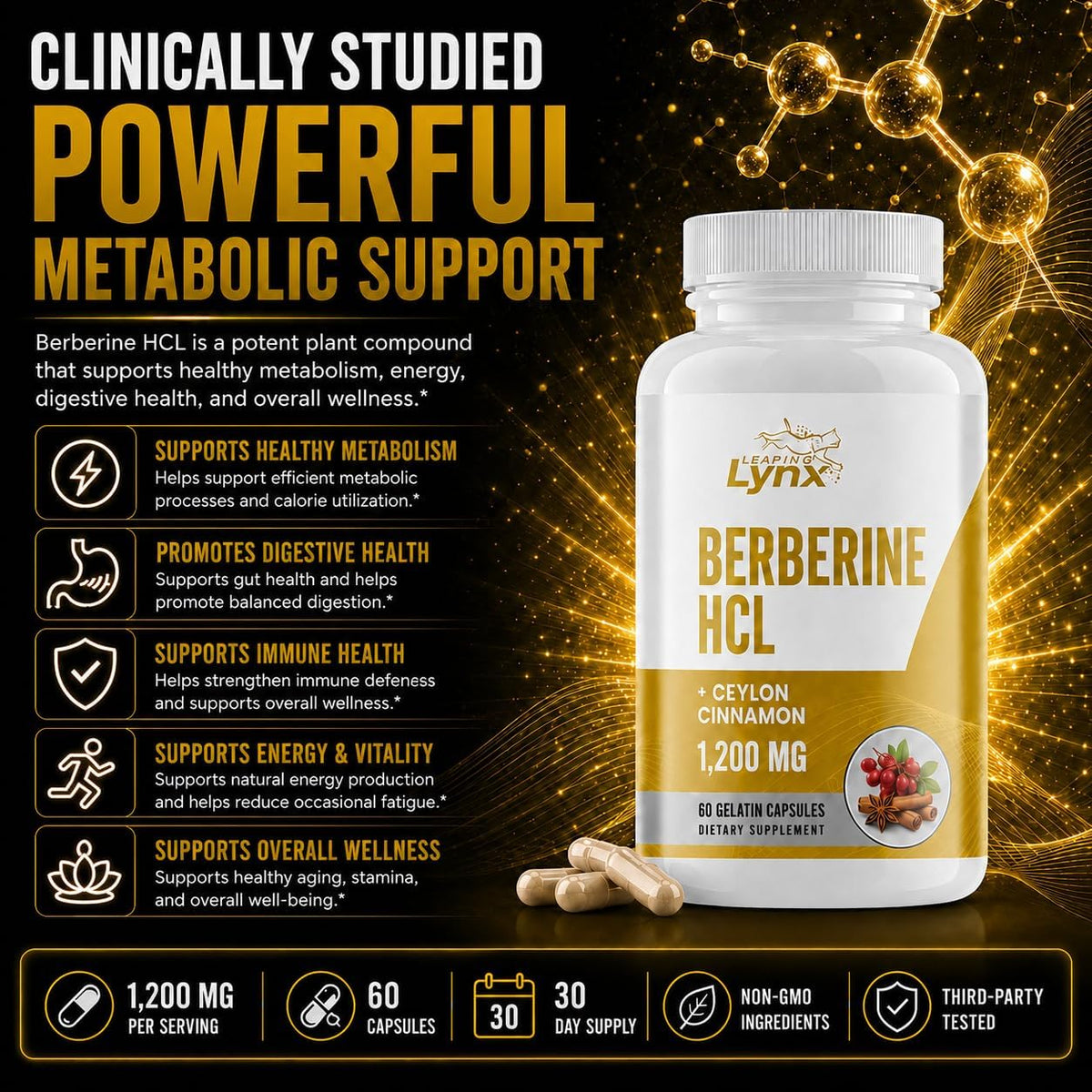 Berberine HCl 1200mg - 60 Capsules - High Absorption Berberine Supplement - 30-Day Supply