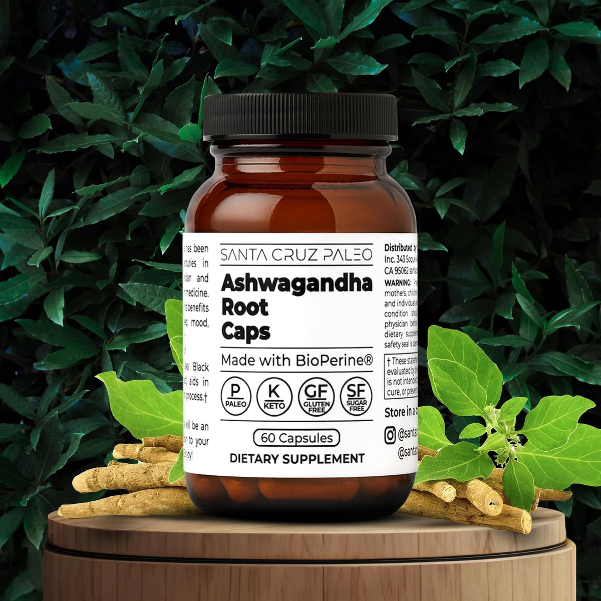 Santa Cruz Paleo Ashwagandha Capsules, 600mg Ashwagandha Root per Capsule, Gluten Free, Keto, Sugar Free, Paleo, Supports Energy, Focus, and Relaxation, BioPerine for Fast Absorption, 60 Capsules