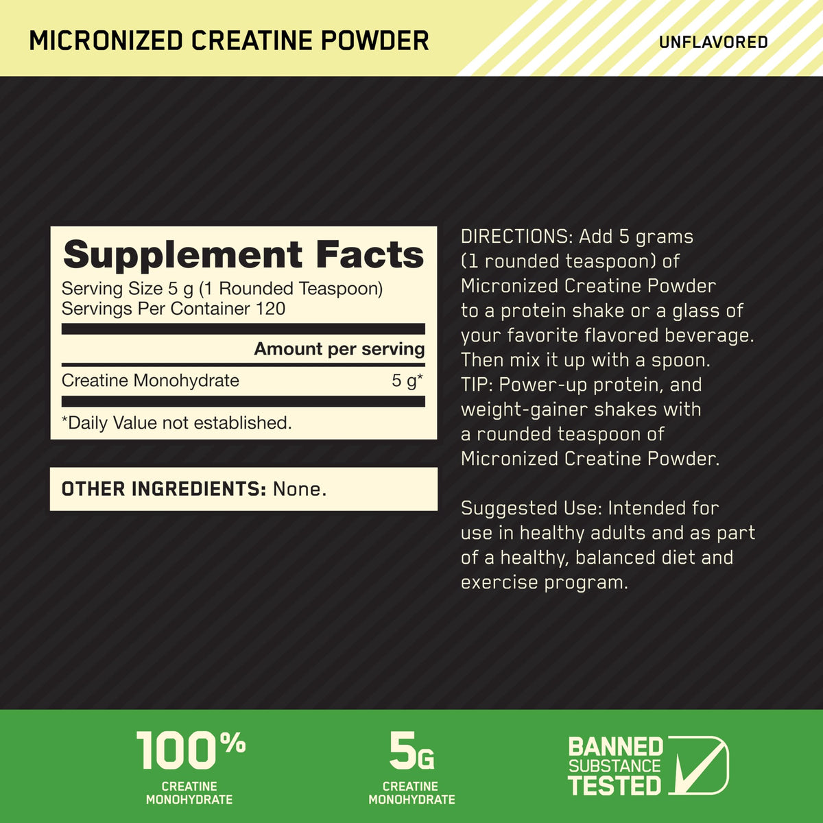 Optimum Nutrition Micronized Creatine Monohydrate Powder, Unflavored, 120 Servings, 600 Grams (Packaging May Vary)