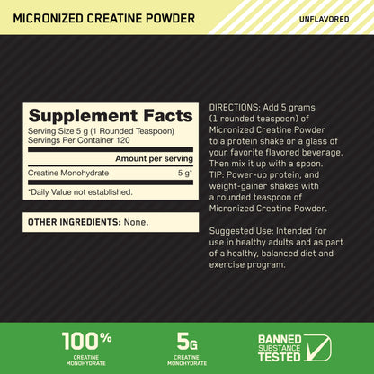 Optimum Nutrition Micronized Creatine Monohydrate Powder, Unflavored, 120 Servings, 600 Grams (Packaging May Vary)