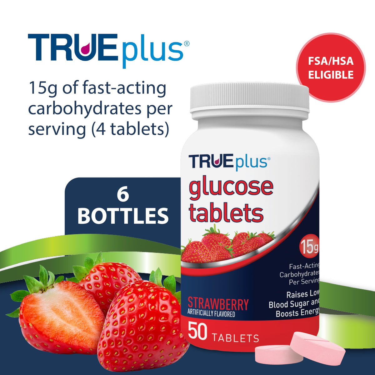 TRUEplus Glucose Tablets, Grape, Raspberry, Orange Flavors, 50 Count | Chewable Tablets, 15g Fast-Acting Carbohydrates, Fat Free, Gluten Free, Boosts Energy, Great Tasting and Easy to Use