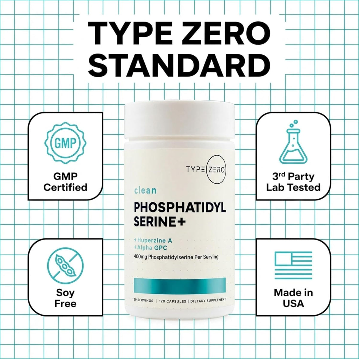 Type Zero Phosphatidylserine+ (400mg) 120 Capsules, 30 Servings | With Huperzine A + Alpha GPC, 3X Strength Nootropics Brain Support Supplement, Clean Focus & Memory