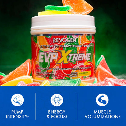 Evogen EVP Xtreme NO Pre-Workout for Men & Women | Sour Candy | 40 Servings | Arginine nitrate, L-citrulline, beta-alanine, creatine and coconut water; caffeine and yohimbe for energy and pumps