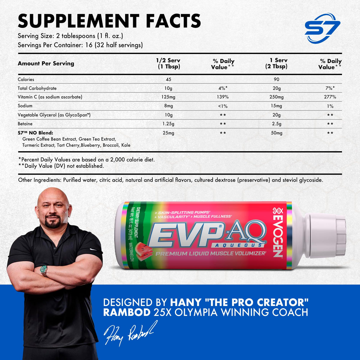 Evogen EVP AQ Liquid Glycerol | Muscle Volumizer | Unflavored | 16 Fl Oz | S7 nitric oxide blend with betaine anhydrous for pumps, vascularity, fullness and hydration; low-stim and clean