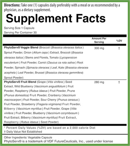 PURE® Greens & Reds Capsules - 30 Servings - 9 Daily Servings of Fruits & Vegetables in 1 Capsule - PhytoServ® Superfood Blend with Broccoli, Kale & Berries - Plant-Based Phytonutrient Shield