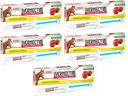 Horse Ivermectin Paste 1.87% – Apple Flavored Oral Horse Dewormer Syringe – 6.08g Tube Treats Horses Up to 1250 LB [Pack-5]