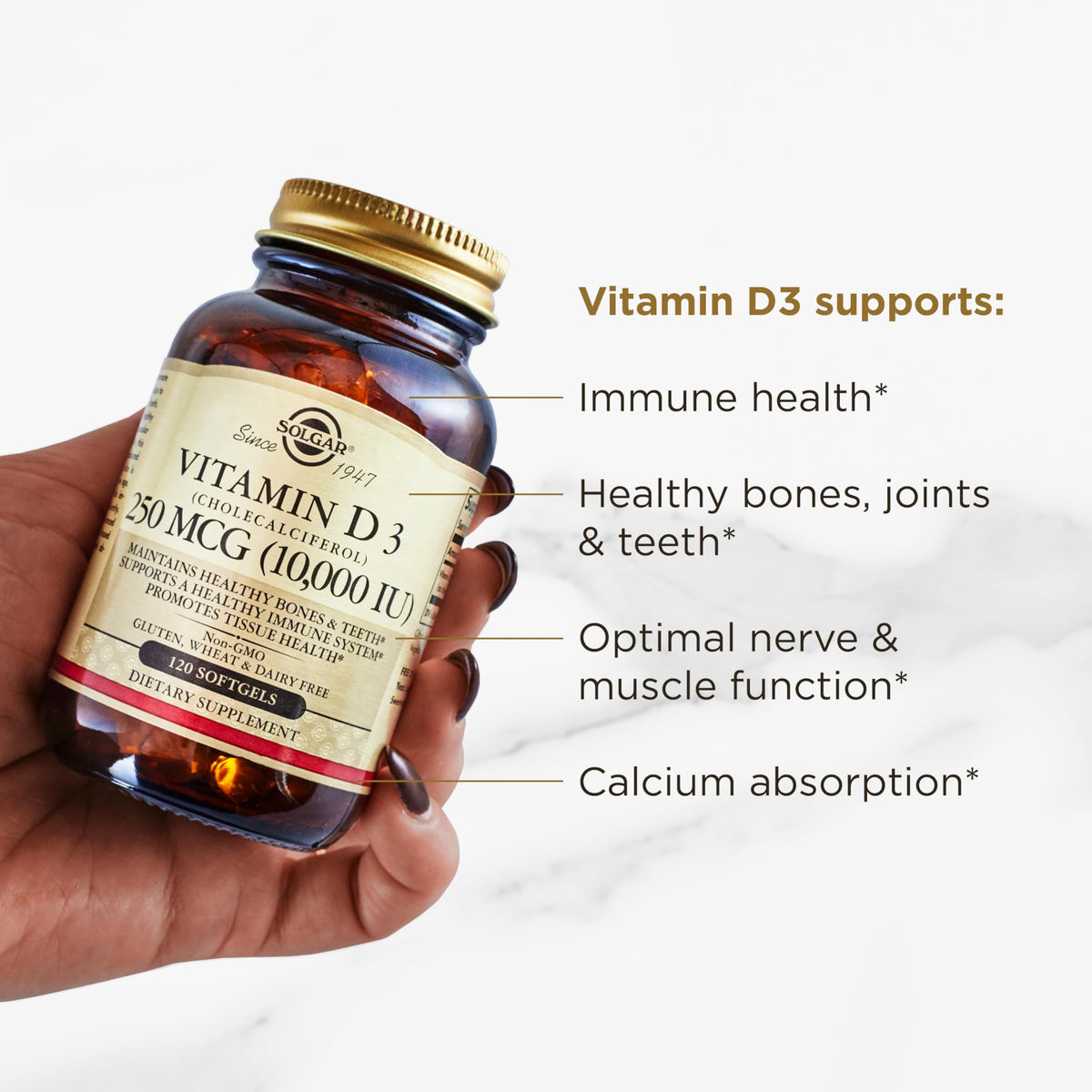 Solgar Vitamin D3 (Cholecalciferol) 250 MCG (10,000 IU), 120 Softgels - Helps Maintain Healthy Bones & Teeth - Immune System Support