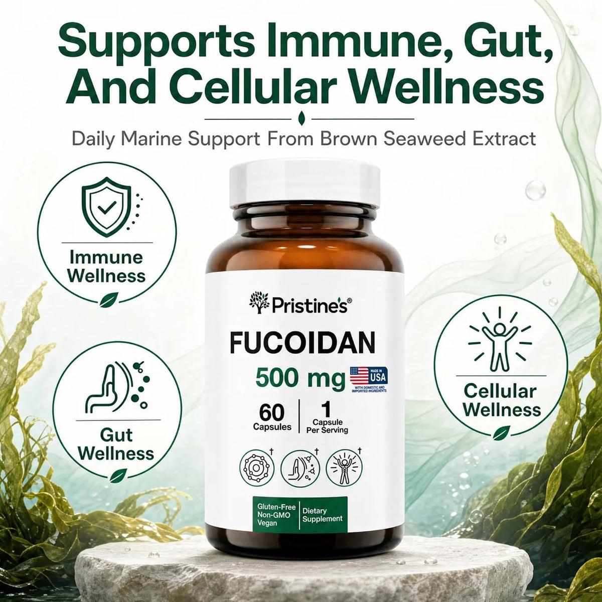 PRISTINE'S Fucoidan 500mg Brown Seaweed Extract Capsules, Vegan, 60 Count | Marine wellness support from brown seaweed extract. 60 count glass bottle, vegan, non-GMO, gluten-free, third-party tested
