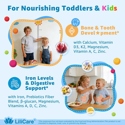 Toddler 2-3 & Kids 4+ Multivitamin Gummies w/ Iron, Omega-3, ARA, Calcium, Prebiotic, Methylated Picky Eater Vitamins for Kids 2+ Growth & Development | Vitamin C, D3 K2, B12, Methylfolate, Sugar Free