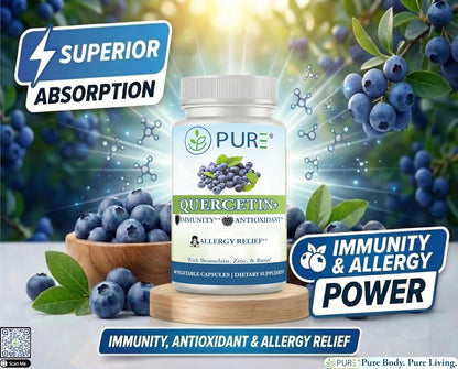 PURE® Quercetin+ with Zinc, Bromelain, Rutin Immune Shield - 60 Capsules - High Bioavailability Antioxidant Complex for Respiratory Health & Viral Defense - Made in USA