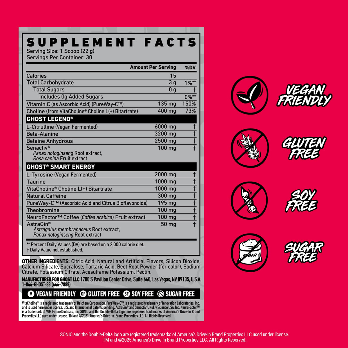 GHOST Legend Pre Workout Powder, Sonic Cherry Limeade - 30 Servings – Pre-Workout for Men & Women with Choline, L-Citrulline, & Beta Alanine for Energy & Focus