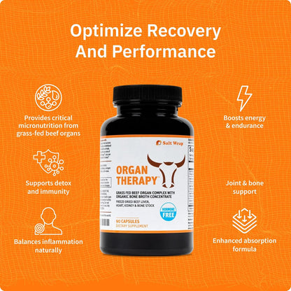 SaltWrap Organ Therapy - Grass Fed Beef Organ Meat Complex Supplement with Organic Bone Broth Concentrate (Beef Liver, Heart, Kidney and Bone Broth Capsules with BioPerine) Desiccated, 90 Capsules | Manufactured in USA, Grass-Fed & Freeze-Dried Heart and