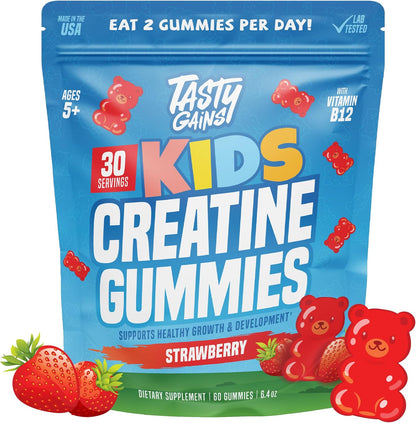 TASTY GAINS Kids & Teen Creatine Gummies with Vitamin B12 for Advanced Growth Support, Youth Sports Performance & Cellular Muscle Hydration Chewables, Ages 5+ (Strawberry, 60 Count)